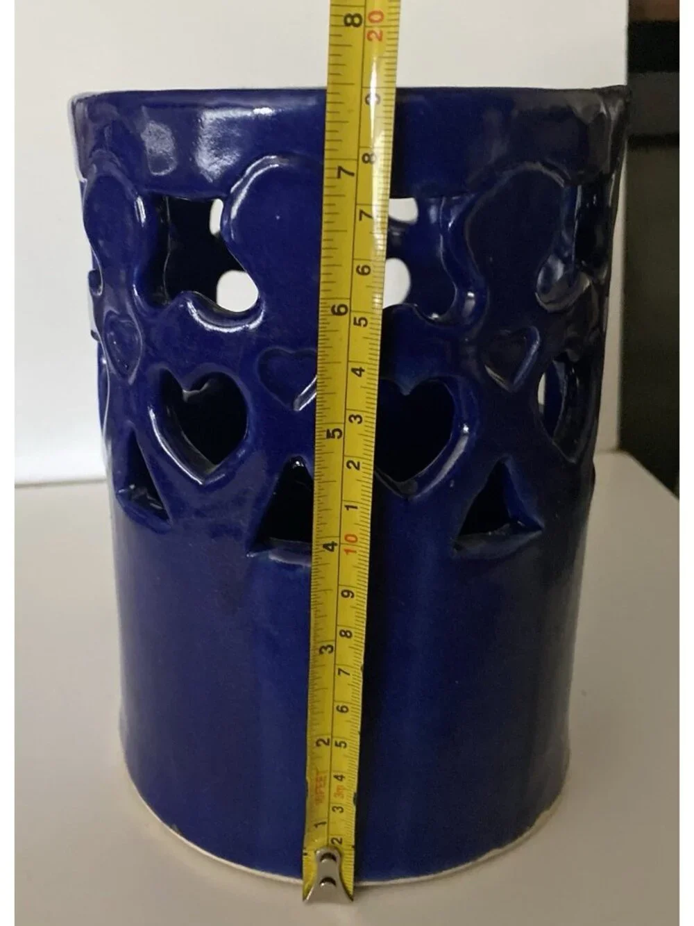 Vtg Signed Studio Pottery Cobalt Kitchen Utensil Holder Cutout Children Hearts